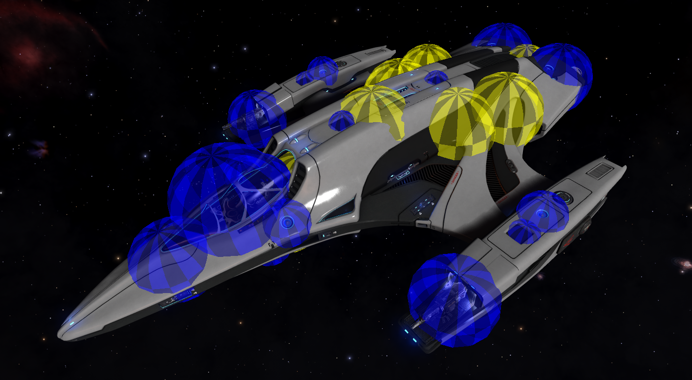 An Imperial Courier with its layout being debug rendered: blue spheres indicate external objects, yellow are internal - some modules have both an internal and external sphere. Note that all the directional thrusters used to be hittable objects and are shown in this overlay, but are currently turned off as they were causing confusion when a shot at the nose of the ship hit a thruster and damaged the engines unexpectedly.